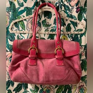 Pink suede Coach bag with leather trim